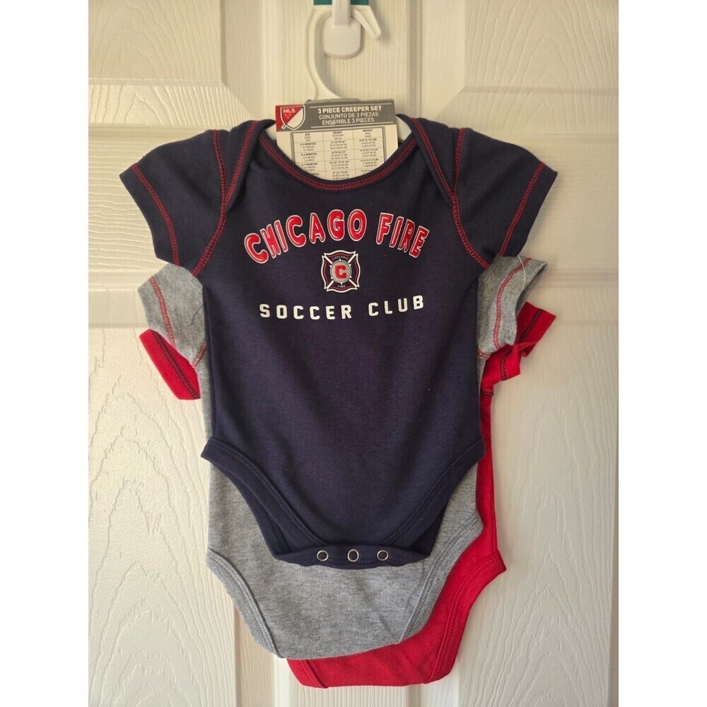 MLS Chicago Fire Soccer Baby 0-18M Set 3pc NWT Bodysuits Football 100% Cotton - Picture 2 of 4